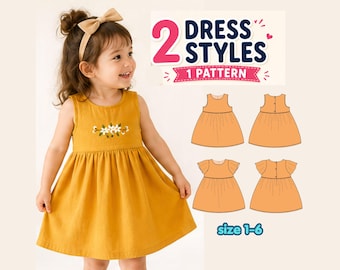 Simply Dress Sewing Pattern Kids | 2 Styles in 1 Pattern | Sleeveless & Bell Sleeve Dress | PDF Pattern Size 1-6 | Easy Baby Dress Pattern