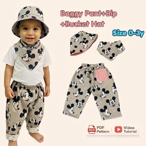 May include: A set featuring baggy pants, a triangular bib, and a bucket hat, all in a beige fabric with a black Mickey Mouse print. The pants include a red and white striped back pocket. Text reads Baggy Pant+Bib+Bucket Hat, Size 0-3y, PDF Pattern, Video Tutorial.