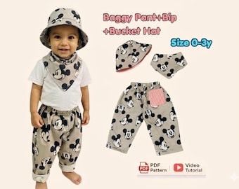 May include: A beige bucket hat, bandana-style bib, and baggy trousers set featuring a Mickey Mouse print. The trousers include a red and white striped pocket. Text reads: Baggy Pant+Bib+Bucket Hat, Size 0-3y, PDF Pattern, and Video Tutorial.