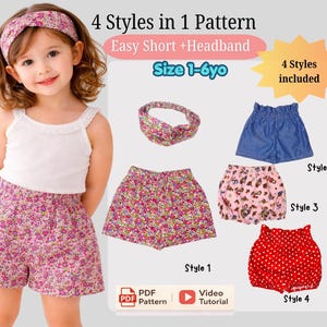 Patrón de costura para shorts de niña / 4 estilos, diadema trenzada / Tallas de 1 a 6 años (descarga en PDF)