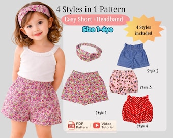 Girls Shorts Sewing Pattern | 4 Styles, Twisted Headband | Sizes 1-6 Years (PDF Download)