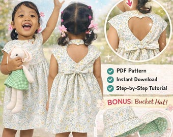 Girls Heart Back Dress Sewing Pattern | Sizes 1-6Y (PDF Download) + Bonus Hat