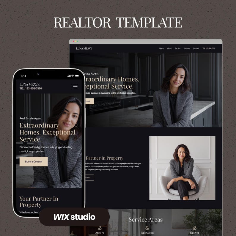 May include: A realtor website template displayed on a smartphone and a laptop. The website features a dark theme with a photo of a woman in a blazer. The text on the screen reads "Extraordinary Homes. Exceptional Service."