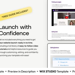 May include: A promotional image with the text "Launch with Confidence" and "FREE GUIDE INCLUDED". The image includes screenshots of a website editor, with instructions on editing pages, text, and buttons. The image is designed to help users launch their website.