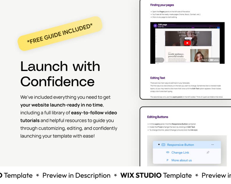 May include: A promotional image with the text "Launch with Confidence" and "FREE GUIDE INCLUDED". The image includes screenshots of a website editor, with instructions on editing pages, text, and buttons. The image is designed to help users launch their website.