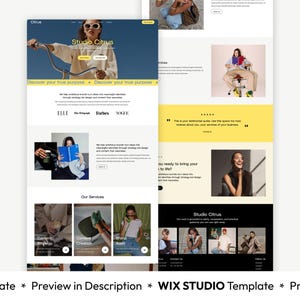 May include: A website template with a clean, modern design. The top section features the text "Studio Citrus" and a woman on a bicycle. The template includes sections for services, testimonials, and a team. The website is designed for a business.