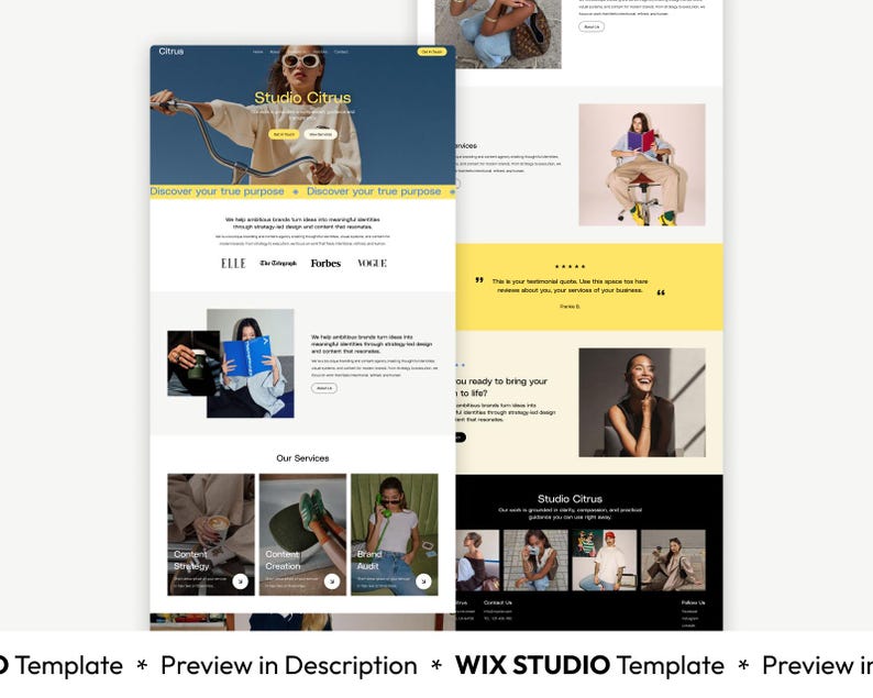 May include: A website template with a clean, modern design. The top section features the text "Studio Citrus" and a woman on a bicycle. The template includes sections for services, testimonials, and a team. The website is designed for a business.