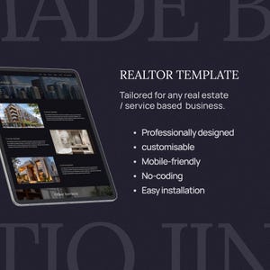 May include: A digital tablet displaying a realtor template with images of buildings. The text reads "REALTOR TEMPLATE" and lists features like "Professionally designed" and "Mobile-friendly" against a dark background.