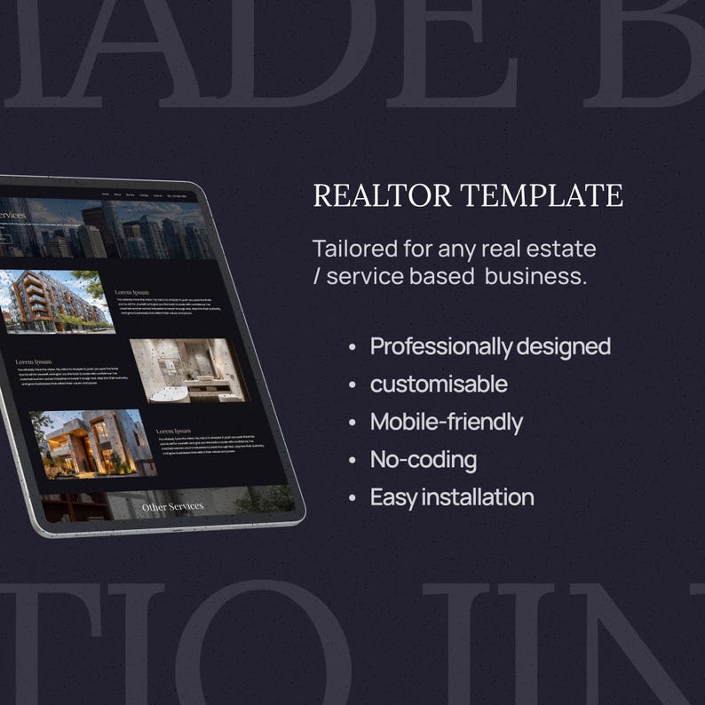 May include: A digital tablet displaying a realtor template with images of buildings. The text reads "REALTOR TEMPLATE" and lists features like "Professionally designed" and "Mobile-friendly" against a dark background.