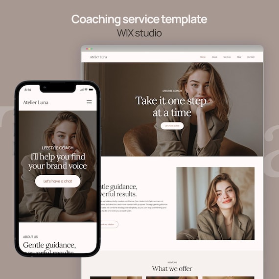 Coaching website template made in Wix Studio | Wix template | Drag and Drop | Customizable template | Website design | Beige, minimalist
