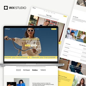 May include: A laptop displays a website design with the text "Studio Citrus" and a woman riding a bicycle. Additional website pages are visible, showcasing design services. The Wix Studio logo is in the top left corner.