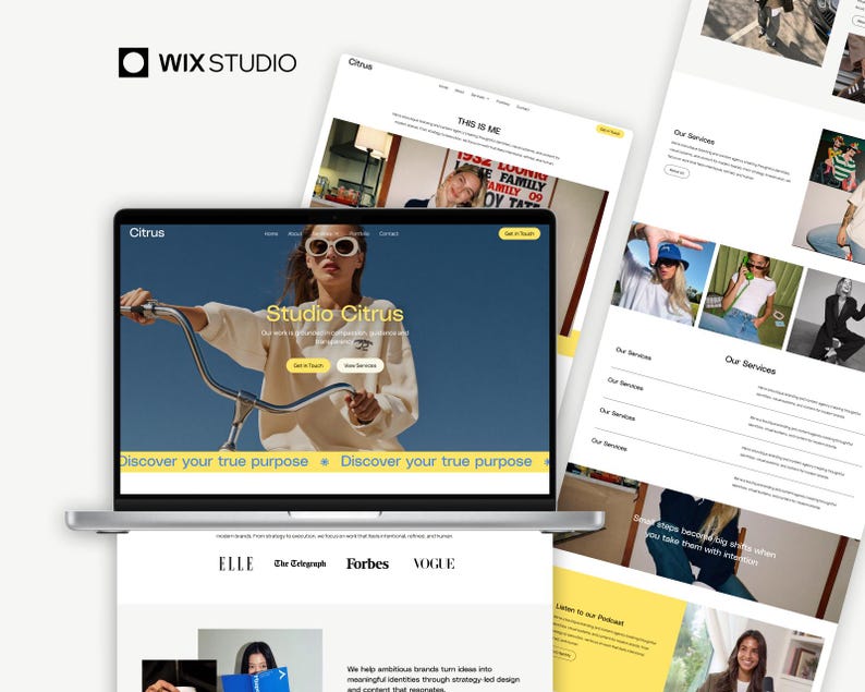 May include: A laptop displays a website design with the text "Studio Citrus" and a woman riding a bicycle. Additional website pages are visible, showcasing design services. The Wix Studio logo is in the top left corner.