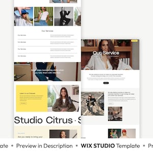 May include: A website design template with the text "Our Services" and "Studio Citrus". The design includes images of people and sections for content. The text "Are you ready to bring your" is also visible.