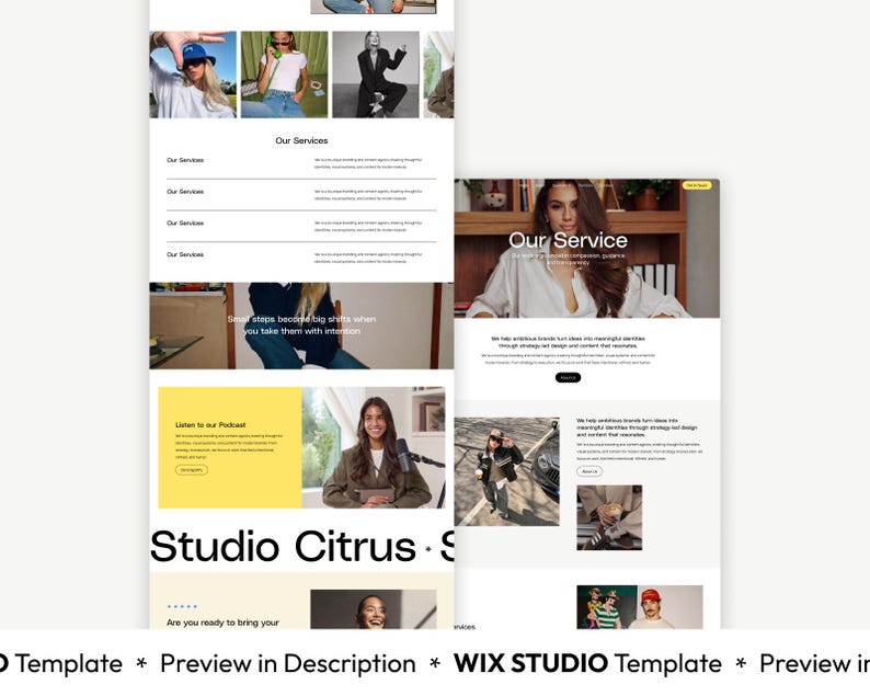 May include: A website design template with the text "Our Services" and "Studio Citrus". The design includes images of people and sections for content. The text "Are you ready to bring your" is also visible.