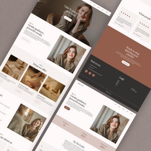 May include: Website design mockup with a woman in a blazer, and text overlays. The site's colour scheme includes brown, beige, and white. The text includes phrases like "Gentle guidance, powerful results" and "Take it one step at a time."