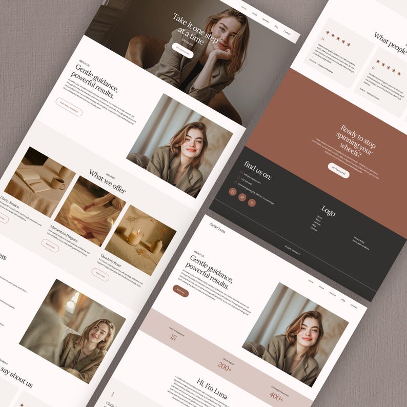 May include: Website design mockup with a woman in a blazer, and text overlays. The site's colour scheme includes brown, beige, and white. The text includes phrases like "Gentle guidance, powerful results" and "Take it one step at a time."
