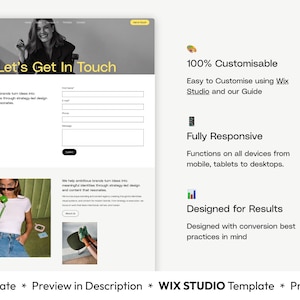 May include: A website template design with the text "Let's Get In Touch" in yellow. The design includes a contact form, images, and text highlighting features like customization, responsiveness, and results-driven design.