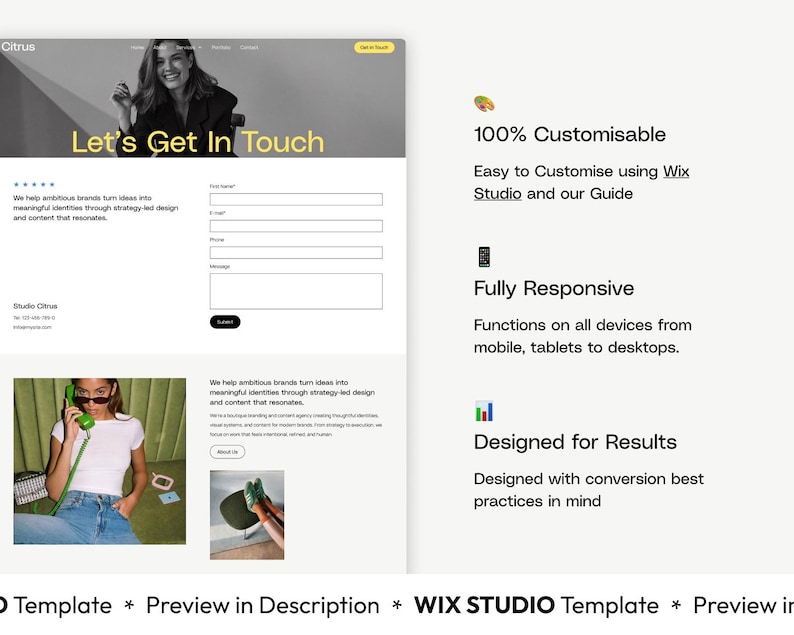 May include: A website template design with the text "Let's Get In Touch" in yellow. The design includes a contact form, images, and text highlighting features like customization, responsiveness, and results-driven design.