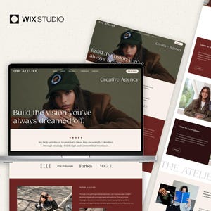 Może przedstawiać: Laptop wyświetla projekt strony internetowej z tekstem "THE ATELIER" i "Build the vision you've always dreamed off." Strona internetowa zawiera zdjęcie osoby w czapce i brązowej kurtce. Widoczne są dodatkowe strony internetowe.