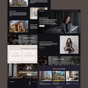 May include: A website design for a real estate agent, featuring a dark theme with images of properties and a professional woman. The site includes sections for buying support, property valuation, and other services. The text reads "Extraordinary Homes. Exceptional Service."