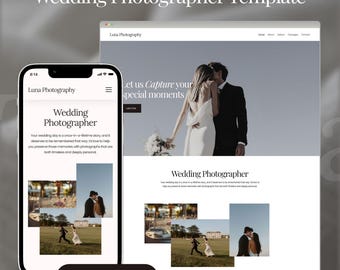 May include: A digital mockup of a wedding photographer website template, displayed on a smartphone and a laptop. The website features images of a wedding couple and the text "Wedding Photographer". The template is designed for Wix Studio.