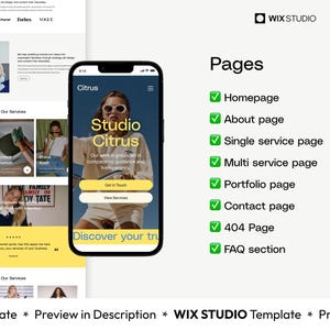 May include: A website design template displayed on a smartphone screen, showcasing a "Studio Citrus" interface. The image includes website page options and a layout with text and images. The Wix Studio logo is visible.