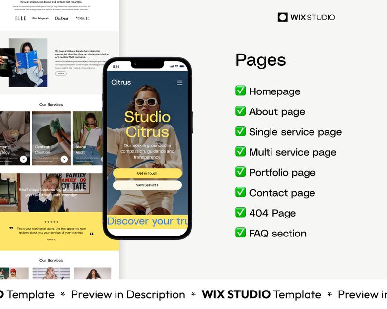 May include: A website design template displayed on a smartphone screen, showcasing a "Studio Citrus" interface. The image includes website page options and a layout with text and images. The Wix Studio logo is visible.