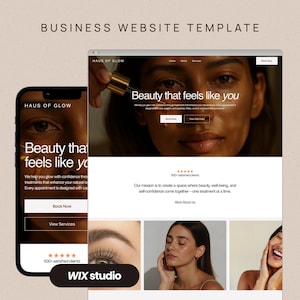 May include: A website template for a beauty business, featuring a smartphone and a desktop screen displaying the "Haus of Glow" website. The website's headline reads "Beauty that feels like you."