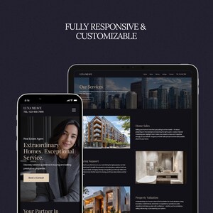 May include: A smartphone and tablet display a website for Luna Meave Real Estate. The phone shows a woman and the text "Extraordinary Homes. Exceptional Service." The tablet displays "Our Services" and "Home Sales."