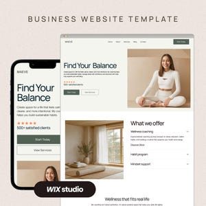 May include: A website template displayed on a smartphone and a laptop. The website features the text "Find Your Balance" and offers wellness coaching, habit programs, and mindset support. The template is designed for use with Wix Studio.