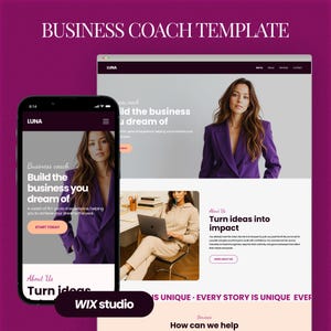 Könnte beinhalten: Digitales Mockup einer Business-Coach-Website-Vorlage mit Smartphone und Laptop, die das Website-Design anzeigen. Die Website zeigt eine Frau in einem lila Blazer. Der Text lautet "Business Coach Template" und "Build the business you dream of".