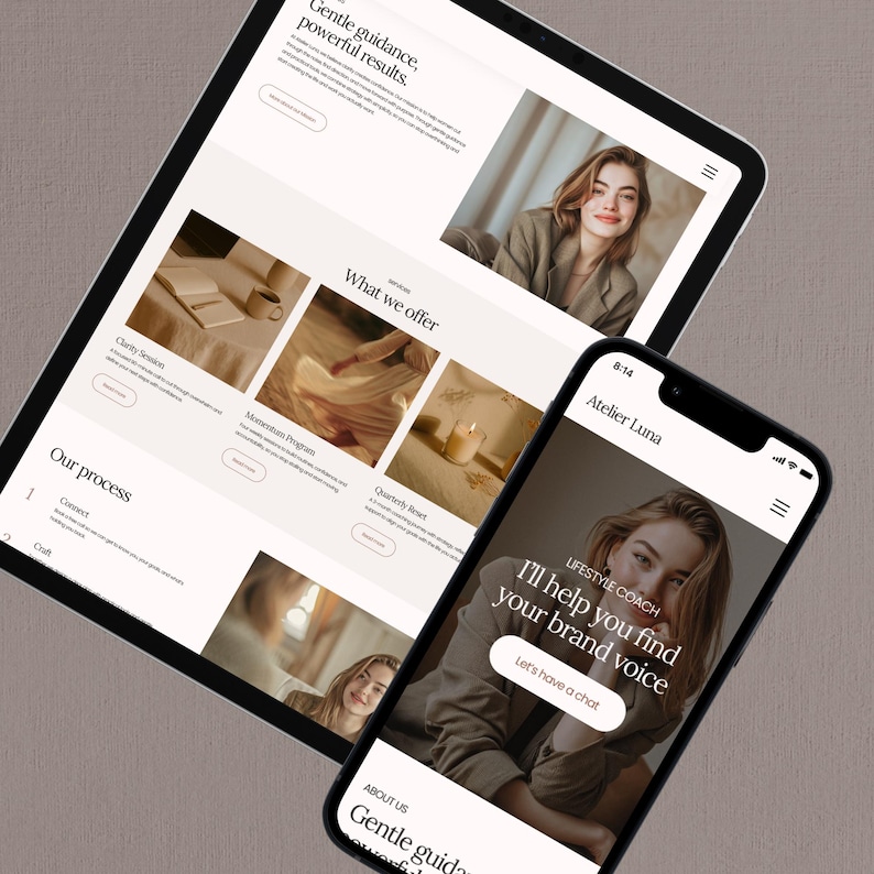 May include: A website design displayed on a tablet and a smartphone. The tablet shows the homepage with text and images. The smartphone displays a lifestyle coach's profile with the text "I'll help you find your brand voice."