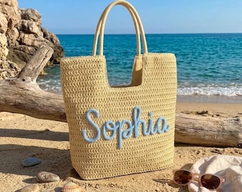 Personalized Straw Beach Tote Bag with Chenille Lettering, Custom Name Pool Bag, Bachelorette Party Favors, Bridesmaid Gifts, Girls Trip Bag