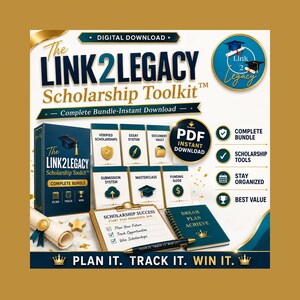 Peut inclure: Graphique de téléchargement numérique pour la "LINK2LEGACY Scholarship Toolkit". L'image présente une boîte bleu marine, plusieurs cartes d'information, un bloc-notes et un stylo. Le texte comprend "Complete Bundle", "Scholarship Tools" et "Plan It. Track It. Win It."