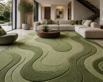 Green Wave Abstract Rug Hand Tufted Wool Modern Area Rug Organic Pattern Luxury Living Room Carpet Custom Size