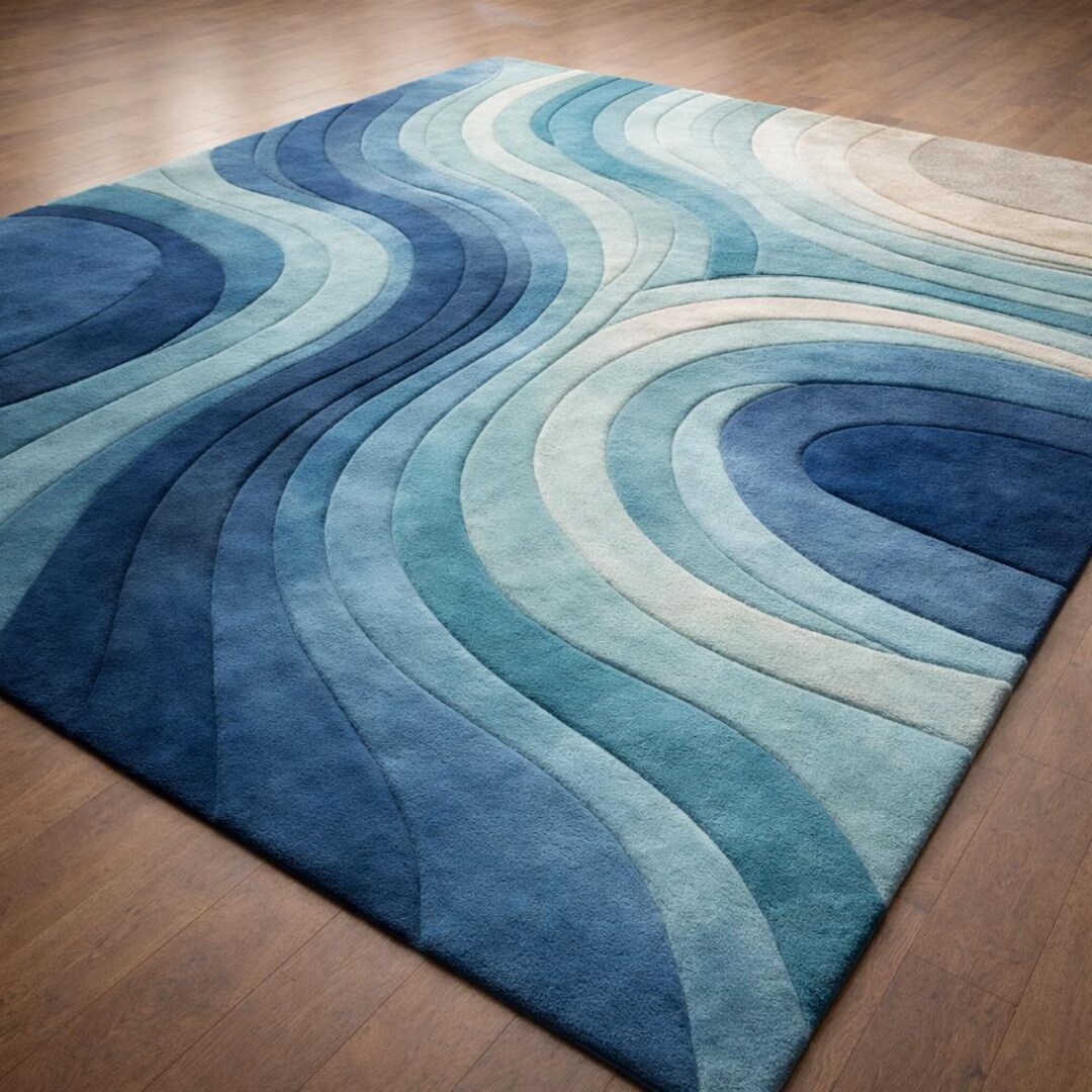 Blue Ocean Wave Hand Tufted Wool Rug, Modern Abstract Area Rug, Coastal ...