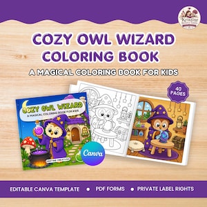 Könnte beinhalten: Ein digitales Malbuch mit dem Titel Cozy Owl Wizard, das eine Eule in einem violetten Gewand zeigt. Das Cover zeigt eine magische Szene mit einem Kessel und einem Pilz. Die Innenseiten enthalten schwarz-weiße Strichzeichnungen und Bilder.