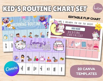 May include: A set of colorful kid's routine charts with the text "Kid's Routine Chart Set" and "Editable Flip Chart". The charts include morning, after-school, and bedtime routines with illustrations and the text "Canva" and "20 Canva Templates".