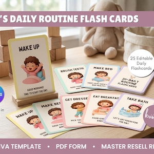 May include: A set of illustrated flashcards for children's daily routines. The cards feature colorful illustrations and text prompts like "Wake Up," "Brush Teeth," and "Make Bed." The cards are designed to help kids establish healthy habits.