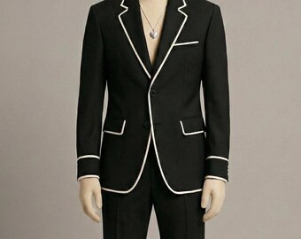 Black Designer Tuxedo Suit for Men with White Piping | Luxury Formal Wear, Groom & Groomsmen Outfit | Tailored Men’s Suit – Gift for Him.
