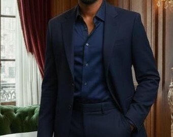 Premium Navy Blue Suit for Men | Luxury Two-Piece Set with Satin Shirt | Elegant Wedding & Formal Wear | Custom Tailored Colors Available.