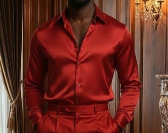African Men's Satin Outfit | Bold Crimson Two-Piece Set | Premium African-Inspired Top & Trousers | Custom Colors Available | Gift for Him.