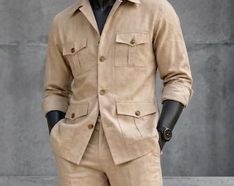 Luxury Beige Linen Safari Suit for Men, Retro Wide Leg Trousers Set, Vintage Summer Wedding Outfit, Tailored Casual Menswear | Gift for Him