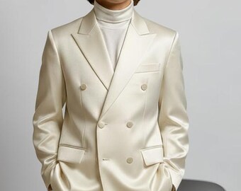 Ivory Satin Double-Breasted Suit - Luxe Men's, Gender Neutral Formal Wear Chic Cream Wide Leg Suit - Modern Elegance for Prom, Wedding.