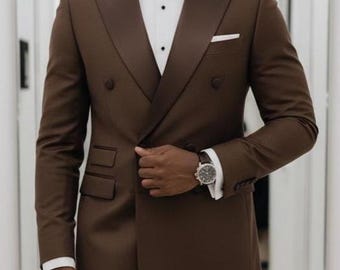 Slim Fit Men Tuxedo Dark Brown 2 Piece Suit for Men | Double-Breasted Custom 2 Piece Slim Fit Wedding Suit | Premium Tuxedo Suit for Men