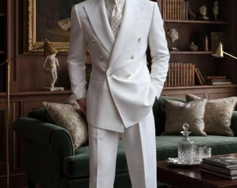 Men's White Double Breasted Suit | Luxury Groom Wedding Outfit | Designer Formal Blazer & Pants for Wedding | Stylish Suiting | Gift for Him