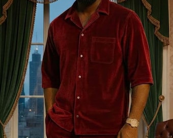 Luxury Maroon Velvet Men's Set | Designer Velvet Shirt & Pants | Premium African-Inspired Loungewear |  All Colors Available | Gift For Him