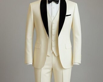 Off-White Tuxedo Suit for Men with Black Shawl Lapel | Luxury Groom & Wedding Outfit, 3-Piece Formal Wear, Tailored Suit – Gift for Him.