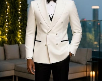 White Double-Breasted Tuxedo for Men with Black Trim | Luxury Groom & Wedding Suit, Formal Evening Wear, Formal Tailored Wear – Gift for Him
