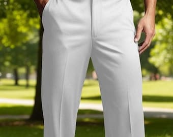 Men’s White Pleated Trousers – Relaxed Straight Fit office Pants, Tailored Smart Casual Slacks, Clean Minimalist Street Style, Gift For Men.